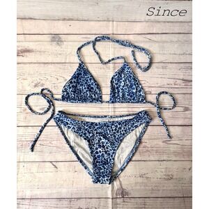 Sand And Sun Two Piece Bikini Swimsuit Blue Leopard Print Size Small Tie String